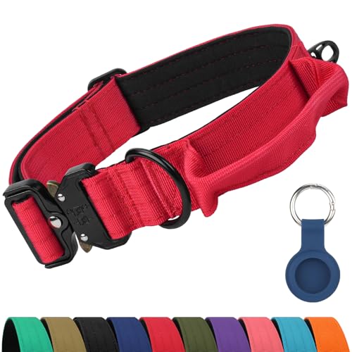 Joytale Tactical Dog Collar for Large Dogs with Control Handle, Heavy Duty Military Training Collar for Power Breeds, AirTag Holder Case, Quick Release Metal Buckle, Soft Padded, L, Red - color: Red, size: L-1.5"×17-23"