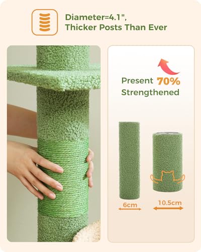 PETEPELA Floor to Ceiling Cat Tree [87"-100"] Height Adjustable, 5 Levels Cactus Cat Tower with Perch&Replaceable Hammock(Visible Acrylic Bowl), 4.1" Super Robust Cat Scratcher, Cactus Green