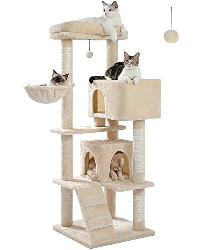 MUTTROS Cat Tree for Large Cats with Super Large Top Perch,56.2" Multi-Level Tower for Indoor Cats with Hammock and Sleeping Bag, Cat Shelves with Scratching Posts and 2 Condos Houses, Beige - color: Beige, size: 56.3inch