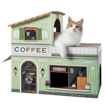 SMILE PAWS Cat Beds for Indoor Cats, Cardboard Cat House with Scratchers, Coffee Shop, Large Sturdy Cat Furniture Condo Cave Tent, Easy to Assemble Pet Toys Accessories Stuffs, Bunny Small Animals - style: Coffee Shop