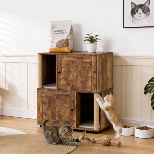 Double Cat Litter Box Enclosure Cabinet for 2 Cats – 2-Tier Modern Farmhouse Pet Washroom, Mark Post, Odor Control, Dog-Proof, Litter Mats, Wooden End Table – Slotted Brown