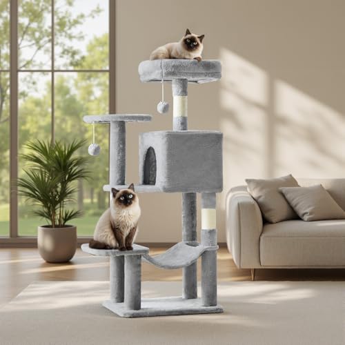 Cat Tree Tower 44 Inch, Small Cat Tower with Condo, Hammock, Sisal Scratching Posts, Extended Perch, Pet Play House for Indoor Kittens and Cats, Light Grey - color: Light Grey, size: 44IN