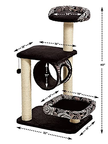 Cat Tree | Escapade Cat Furniture, 4-Tier Cat Activity Tree w/Sisal Wrapped Support Scratching Posts & Lounging Cat Look-Out, Black/White Pattern, Medium Cat Tree - size: Escapade Cat Furniture, Black Pattern