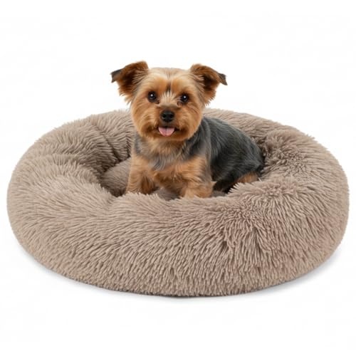 PetAmi Calming Dog Bed for Small & Medium Dogs and Cats, 23 Round Donut Dog Bed, Washable Fluffy Faux Fur Puppy & Cat Bed, Anti-Anxiety Plush Cuddler Pet Bed with Anti-Slip Bottom - Taupe - color: Taupe, size: Small - 23"