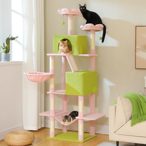 MUTTROS Flower Cat Tree Tall 70.8" for Adult Indoor Cats, 8-Levels Large Cat Tower with 8 Sisal Posts, 2 Hammocks, 2 Condos, Big Perch & 3 Pom Poms for Multi-Cats Household – Carpet Pink - color: Pink, size: 70.8" Tall Cat Tree