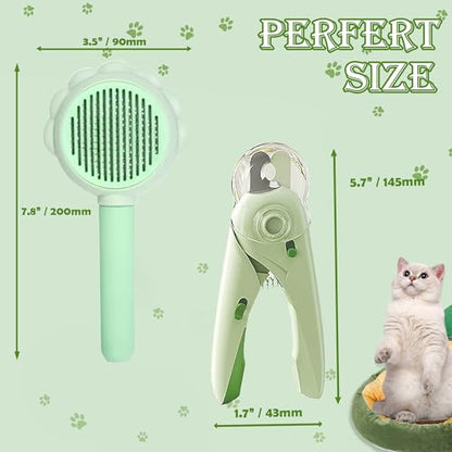Self Cleaning Cat Brush for Shedding, LED Light Nail Clipper, Nail Clipper and Nail File, Slicker Brushes and Nail Trimmer for Long Haired Cats, Grooming Kit, Cat Lover Gifts - color: Green