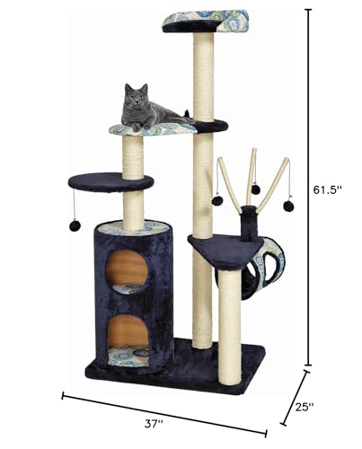 MidWest Homes for Pets Large Cat Tree, 5-Tier Sisal Wrapped Scratching Post, Blue/White Pattern, X-Large Size - size: Playhouse Cat Furniture, Blue Pattern
