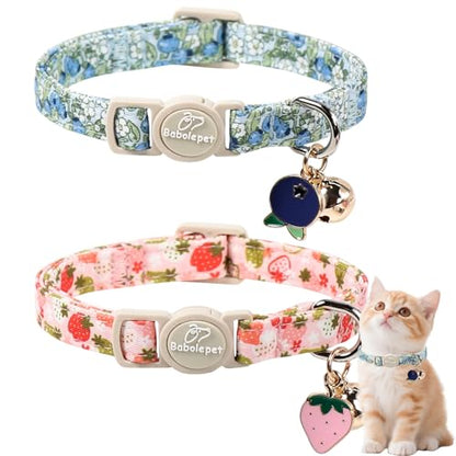 2 Pack Spring Summer Cat Collars - Cute Breakaway Cat Collar with Bell, Bluberry and Strawberry Pendant, Adjustable Kitten Collars for Girl Cats, Pastel Floral Fruit - color: Bluberry and Strawberry