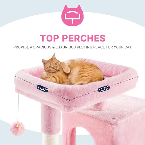 Allewie 29 Inches Cat Tree Tower/Plush Perches Platform/Condo/House/Sisal Scratching Posts/Multi-Level Activity Center Furniture for Kittens/Pink - color: Pink