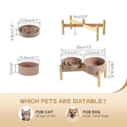 Havniva 6.1” Raised Slow Feeder Dog Bowls Set, 0.9 Cups Ceramic Slow Feeder Dog Bowl and 6.1” Dog Water Bowl with Elevated Wooden Stand Puzzle Dog Food Bowl for Small Dogs Anti-Gulping & Anti-Choking - color: 2 x Brown Coffee+Stand-A, size: 6.1inch-New