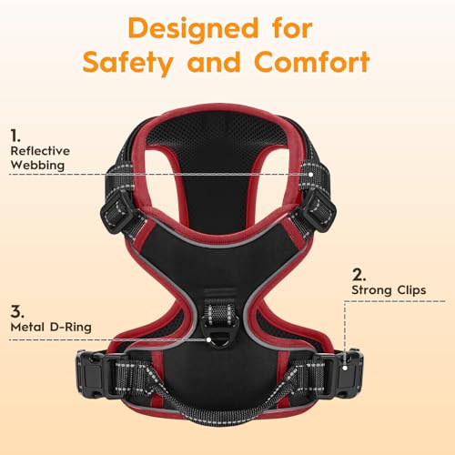 No Pull Dog Harness, No Chock Reflective Adjustable Soft Padded Pet Vest with Easy Control Handle, Easy Wearing with Stylish, Reinforced Knot, 2 Buckles - color: Black/Red, size: X-Small