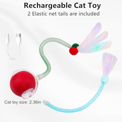 SUPERSUN Interactive Cat Toy Balls, Automatic Rolling Cat Tease Ball with Bird Chirping Sound & 3 Modes, Rechargeable USB Kitten Toys for Indoor Cats, 2 Fun Flexible Tails Stimulate Hunting Instincts