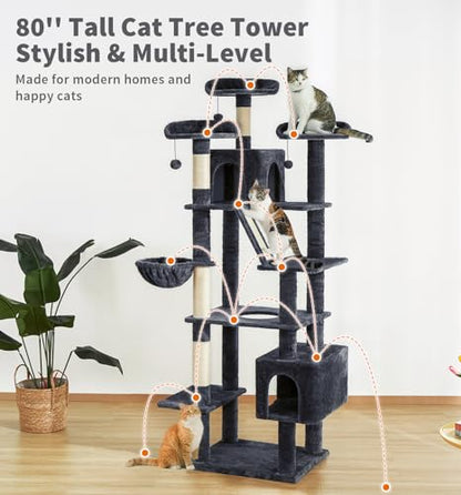 Made4Pets Tall Cat Tree, 80" Cat Tree Tower for Indoor Cats Large Adult, Modern Cat Tower with Scratching Post, Cozy Hammock, 3 Perches and 2 Condos, Sturdy and Fluffy, Dark Gray - color: Dark Gray