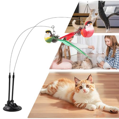 Cat Wand Toy, Suction Cup Interactive Teaser, 2-in-1 Feature with Simulated Chirping Bird for Teething and Foraging, Cat Play Wand with Engaging Design, Teaser Toy for Calming and Training