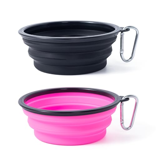 Dog Bowl Pet Collapsible Bowls, 2 Pack Collapsible Dog Water Bowls for Cats Dogs, Portable Pet Feeding Watering Dish for Walking Parking Traveling with 2 Carabiners (Black+Pink, Medium) - color: Black+Pink, size: Medium