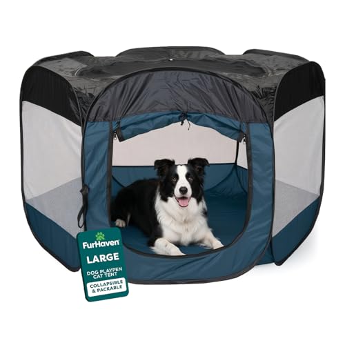 FurHaven Portable Pet Playpen for Dogs & Cats, Large Indoor Kitten Playpen with Mesh Sides, Foldable Dog Playpen for Small Dogs, Pop Up Travel Dog Pen, Large, Pet Crate with Mesh Sides, Sailor Blue - color: Sailor Blue, size: Large
