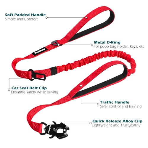 Heavy Duty Tactical Dog Leash, 5 FT Bungee Shock Absorption Leash with 2 Padded Handles, Quick Release Metal Clip, Car Seatbelt, No Pull Training Lead for Large Medium Dogs（Red） - color: Red