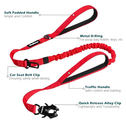 Heavy Duty Tactical Dog Leash, 5 FT Bungee Shock Absorption Leash with 2 Padded Handles, Quick Release Metal Clip, Car Seatbelt, No Pull Training Lead for Large Medium Dogs（Red） - color: Red