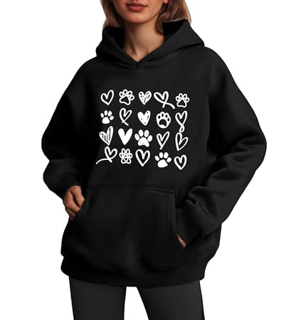 Womens Dog Paw Hoodie-Long Sleeve Pullover Fleece Lined Dog Mom Sweatshirts with Pocket - color: A-black, size: Medium