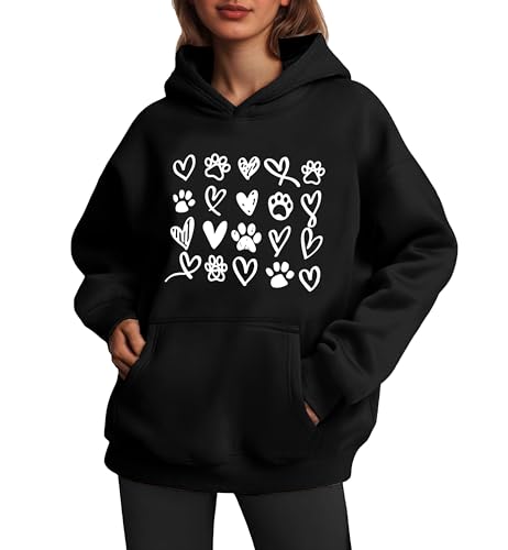 Womens Dog Paw Hoodie-Long Sleeve Pullover Fleece Lined Dog Mom Sweatshirts with Pocket - color: A-black, size: Medium