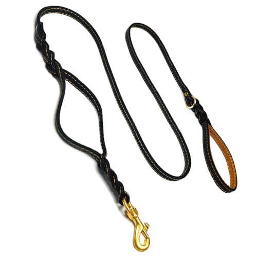 Guiding Star Double Handle Leather Dog Leash 6ft, Heavy Duty Braided Dog Leash with Traffic Handle for Small Medium & Large Dogs (Black, 6ft x 5/8 inch) - color: Black