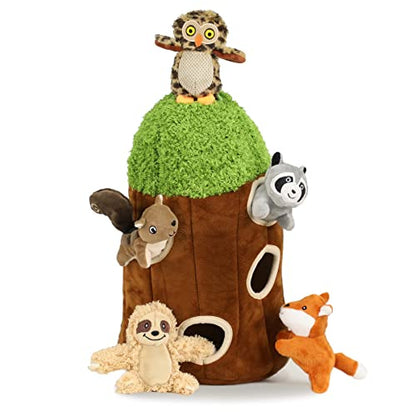 Hide and Seek Dog Puzzle Puppy Toys, Interactive Squeaky Plush, Stuffed Toys for Dogs (Sheep, Panda, Forest Animals) (Tree Hole Mix Large)
