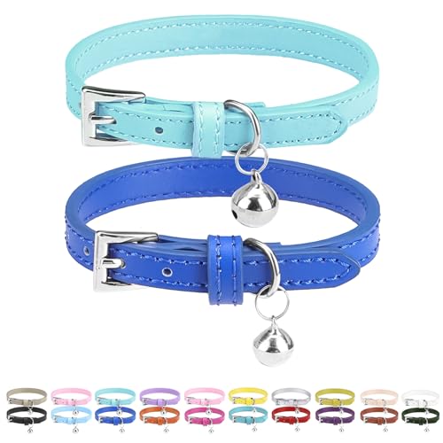 PUPTECK 2 PCS Soft Genuine Leather Cat Kitten Collar with Bells Adjustable for Girl Boy Cats Puppy - Pale Turquoise, Navy Blue - color: Pale Turquoise&Navy Blue