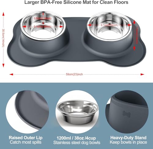 Dog Food Bowls Stainless Steel Dog Food & Water Bowl Set with No Spill Non-Skid Silicone Mat, Dog Dishes Pet Feeding Bowls for Small Medium Large Sized Dogs Cat Puppy Food Bowl, Grey, 4 Cup - color: Grey, size: 4¾ Cup/38 oz each