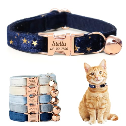 Personalized Non-Breakaway Cat Collar with Name, Luxury Soft Velvet Custom Engraved Name Collar with Bell for Kittens & Cats (Blue with Stars, S (6.5-10.5 inches)) - color: Blue with Stars, size: S (6.5-10.5 inches)