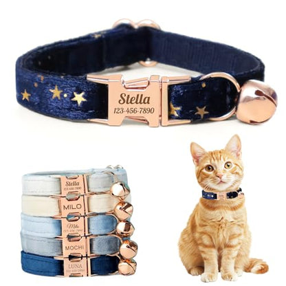 Personalized Non-Breakaway Cat Collar with Name, Luxury Soft Velvet Custom Engraved Name Collar with Bell for Kittens & Cats (Blue with Stars, S (6.5-10.5 inches)) - color: Blue with Stars, size: S (6.5-10.5 inches)