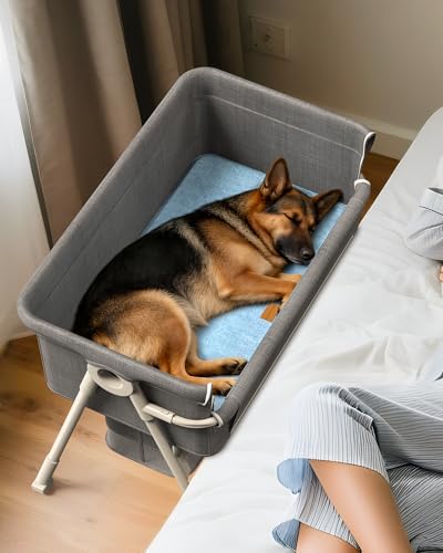 Bedside Dog Bed for Medium & Large Dogs, 4-Height Adjustable Pet Bassinet, Elevated Side-Sleeper Extension for High Human Bed, Washable Large Dog Couch with Auto-Braking Wheels(for Dogs Up to 77 lbs) - size: X-Large