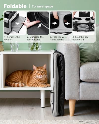 Pecute Dual Compartment Pet Carrier for Multi-Cat Families & Small Dog Owners, Collapsible Dog Crate with Reinforced Steel Frame, Car Safety Design for Travel, Vet Visits & Home Use, Gray - color: Grey