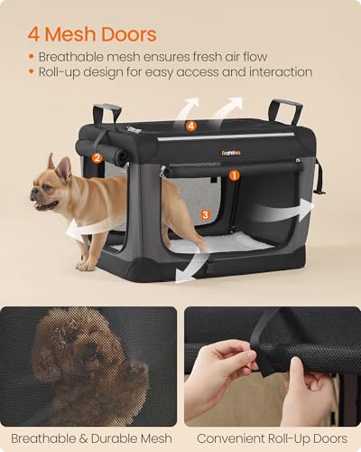 Feandrea Collapsible Dog Crate, 24-Inch Portable Dog Travel Crate for Small Dogs, Oxford Fabric Pet Carrier with 4 Mesh Doors, Handles, Storage Pocket, Water Bottle Holder, Ink Black UPDC016B01 - size: 24.0"L x 16.5"W x 16.5"H