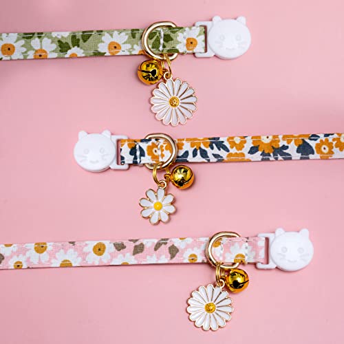 Faygarsle 3 Pack Cotton Safe Breakaway Cat Collars with Bell Daisy Charm Green Orange Pink Kitty Kitten Cute Cat Collars for Girl Cats Female Cats - color: Pink&Green&Orange3.0