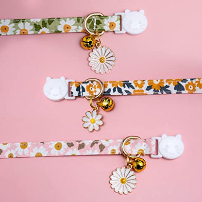 Faygarsle 3 Pack Cotton Safe Breakaway Cat Collars with Bell Daisy Charm Green Orange Pink Kitty Kitten Cute Cat Collars for Girl Cats Female Cats - color: Pink&Green&Orange3.0
