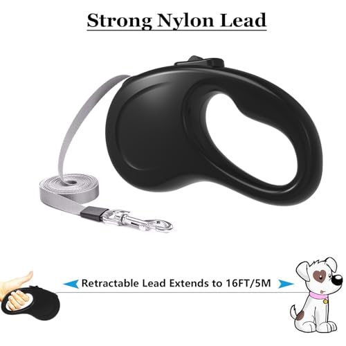 Retractable Dog Leash, 16Ft/5M Light Weight Retractable Leash for Small Medium Dogs/Cats Up to 50lbs, Strong Nylon Tape 360° Tangle-Free One-Hand Brake (Black) - color: Black