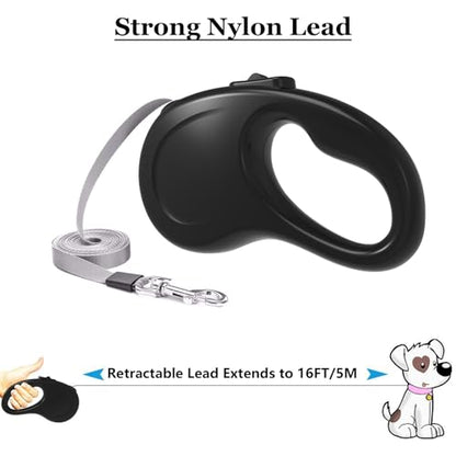 Retractable Dog Leash, 16Ft/5M Light Weight Retractable Leash for Small Medium Dogs/Cats Up to 50lbs, Strong Nylon Tape 360° Tangle-Free One-Hand Brake (Black) - color: Black