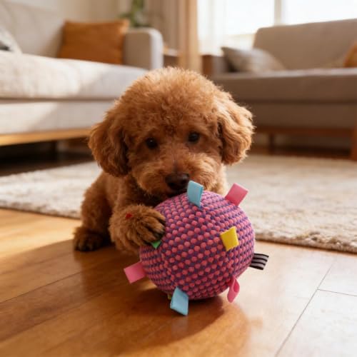 Plush Dog Ball Toy with Bell & Colorful Straps, 6.3 Inch Soft Interactive Fetch Toy, Lightweight Chew Toy for Small & Medium Dogs, Puppy Stuffed Play Ball (Purple) - color: Purple