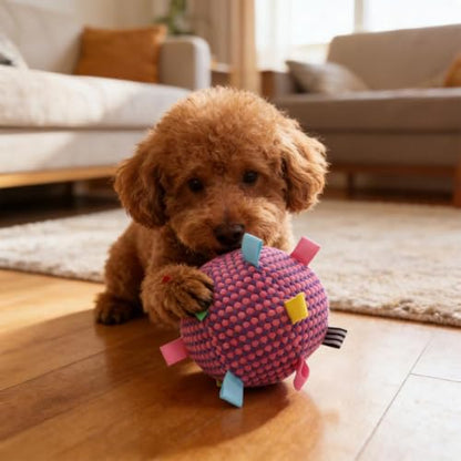 Plush Dog Ball Toy with Bell & Colorful Straps, 6.3 Inch Soft Interactive Fetch Toy, Lightweight Chew Toy for Small & Medium Dogs, Puppy Stuffed Play Ball (Purple) - color: Purple