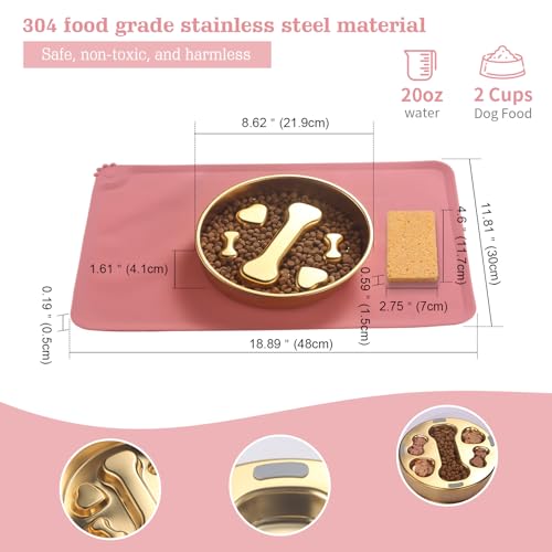 Golden Stainless Steel Slow Feeder Dog Bowls – Non-Slip Metal Dog Bowl for Large & Medium Breeds, Puppy Puzzle Feeder – 2 Cup for Small to Big Pets – Durable Slow Feed Dog & Cat Food Dish with Mat - color: Bone&Heart With Mat-Golden