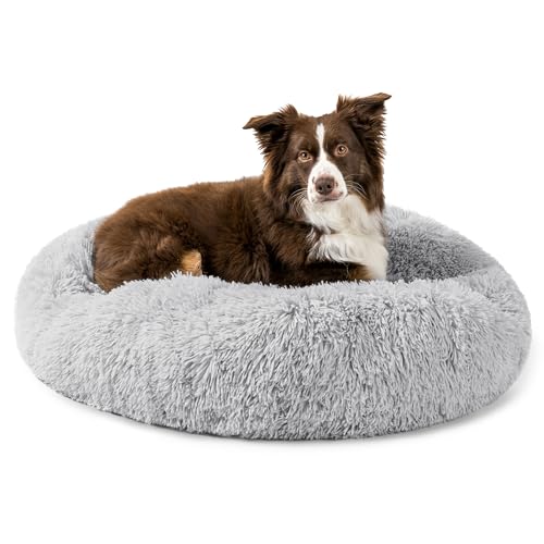PetAmi Calming Dog Bed for Small & Medium Dogs and Cats, 30 Round Donut Dog Bed, Washable Fluffy Faux Fur Puppy & Cat Bed, Anti-Anxiety Plush Cuddler Pet Bed with Anti-Slip Bottom - Light Gray - color: Light Gray, size: Medium - 30"