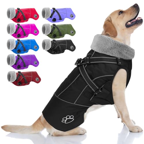 Dog Jacket Waterproof Dog Coat with Harness Built in, Christmas Puppy Winter Coat Reflective Turtleneck Puffer Snow Jackets for Small Medium Large Dogs - color: Black, size: Medium