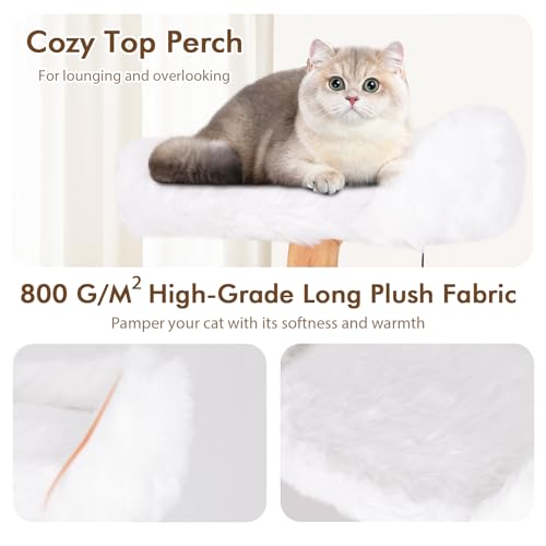 Tangkula Solid Wood Cat Tree, Modern Wooden Cat Tower with Jute Scratching Posts, Perch, Condo, Sisal Rope, Dangling Ball, Soft Long Plush, 66 Inch Tall Cat Tree Tower for Indoor Cats Large Adult - style: Round Condo