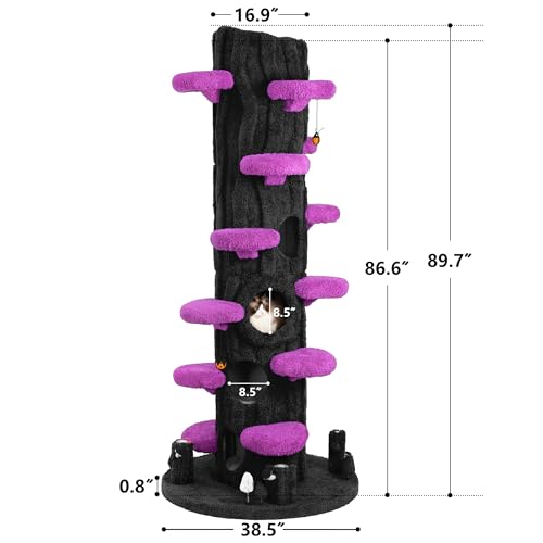 KAMABOKO 90.5" Tall Cat Tree for Indoor Cats, Large Cat Tower with Luxury Cat Condo, Cat Tree Tower with Soft Cushion, Scratching Board, Plush Platform＆ Top Perch, Purple - size: 88.5" H