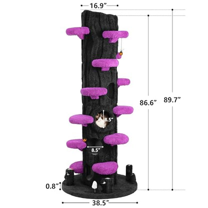 KAMABOKO 90.5" Tall Cat Tree for Indoor Cats, Large Cat Tower with Luxury Cat Condo, Cat Tree Tower with Soft Cushion, Scratching Board, Plush Platform＆ Top Perch, Purple - size: 88.5" H