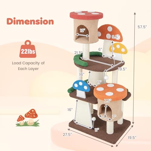 Tangkula Mushroom Cat Tree, Multi-Level Cute Cat Tower with Full-Wrapped Sisal Posts, Scratching Boards & Interactive Balls, 2 Cat Condo, Flower Cat Tree Tower for Indoor Cats Large Adult (57.5 Inch) - size: 57.5 Inch
