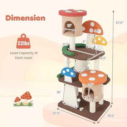 Tangkula Mushroom Cat Tree, Multi-Level Cute Cat Tower with Full-Wrapped Sisal Posts, Scratching Boards & Interactive Balls, 2 Cat Condo, Flower Cat Tree Tower for Indoor Cats Large Adult (57.5 Inch) - size: 57.5 Inch