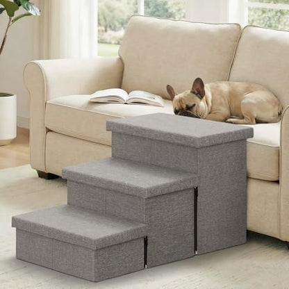 Zerbuger Dog Stairs 18" H, 3-Step Wider Dog Steps for High Beds Couch, Folding Storage Pet Stairs Gift for Small/Medium/Large Old Dogs Cats, Ramp for Climbing Car Up to 200 lbs, (Gray, with Condo)