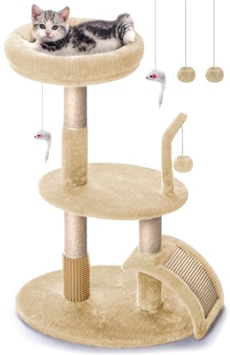 Goozii Large Cat Tree Tower with Scratching Post, Modern Kitten Tower for Indoor Cats, 32 Inch Tall Carpet Sisal Cat Scratcher Stand with Big Bed Perch,Scratch Ramp, Ball Toy for Kitty (Beige) - color: Beige, size: Large