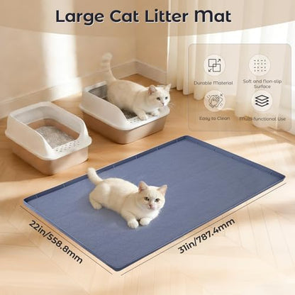 31" x 22" Cat Litter Mat, Waterproof & Anti-Skid Litter Box Mat for Scatter Control, Silicone Litter Pads Trapping Mess Around Litter Box with Raised Edges, Easy Clean Pad